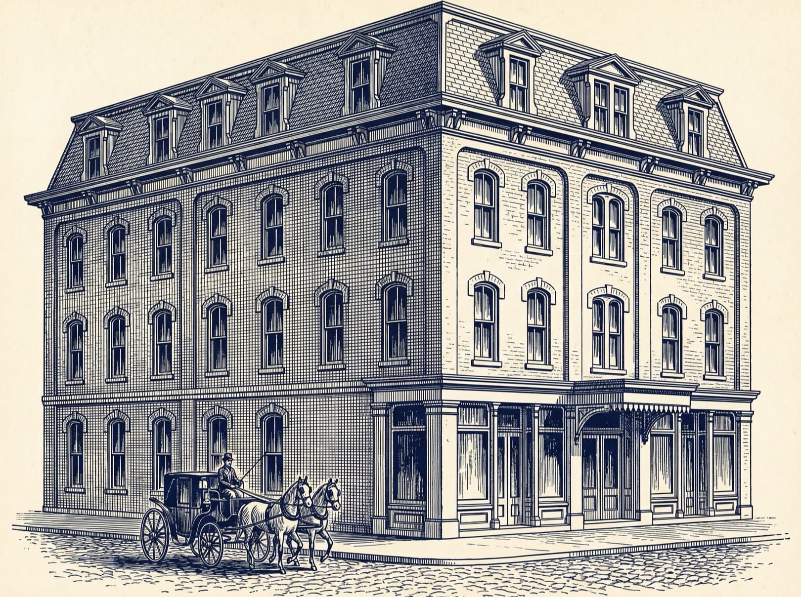 The Hotel Neville, Cottage & Prince Streets, period illustration